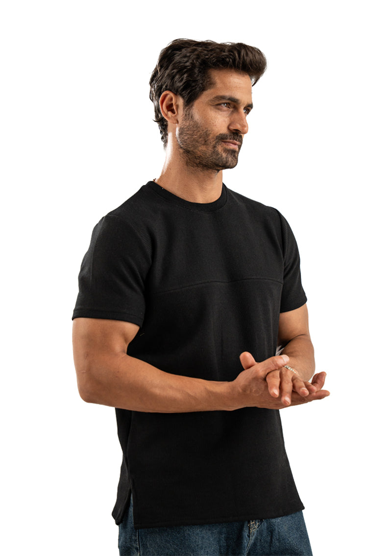 BLACK JACQUARD COTTON T-SHIRT