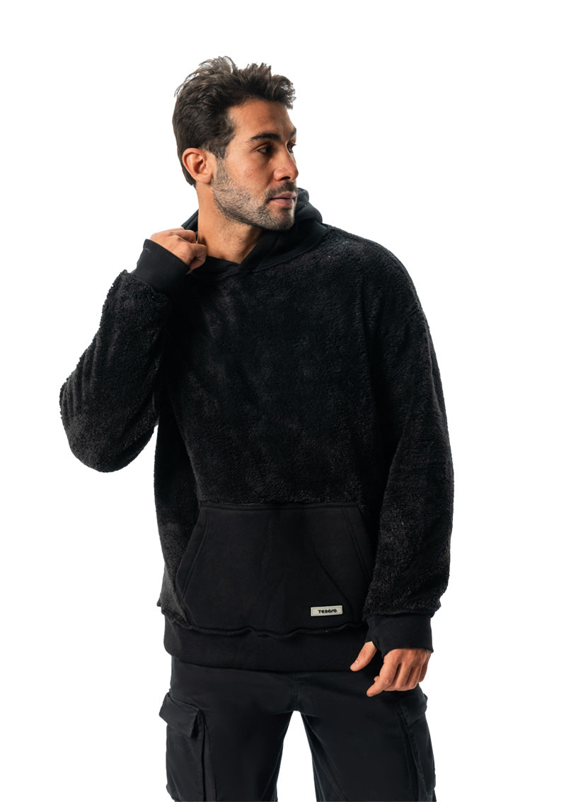 Black fur cotton hoodie