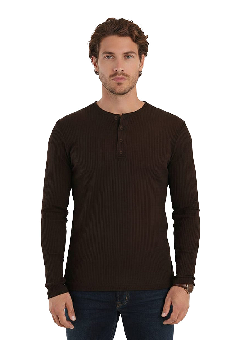 Brown Henley Ribbed Shirt