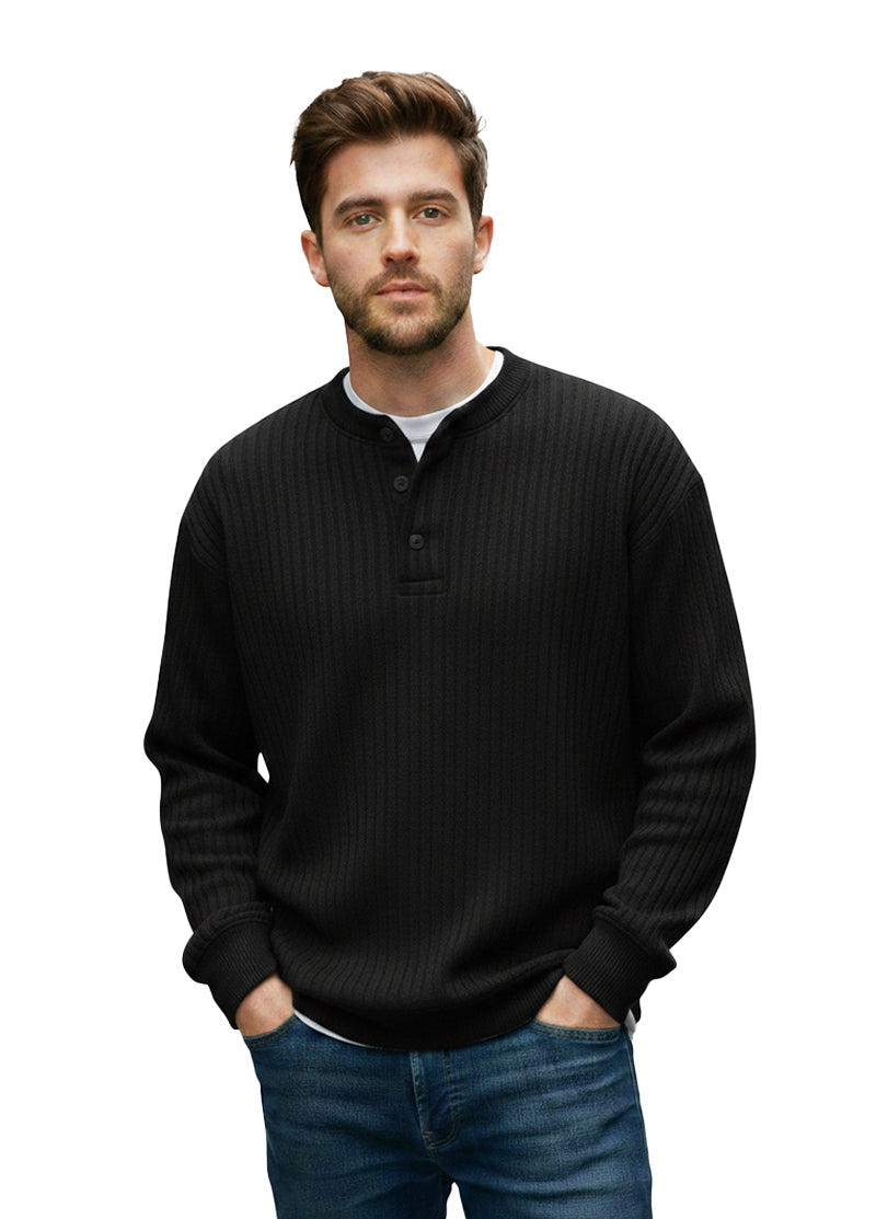 Black Henley Ribbed Sweat Shirt
