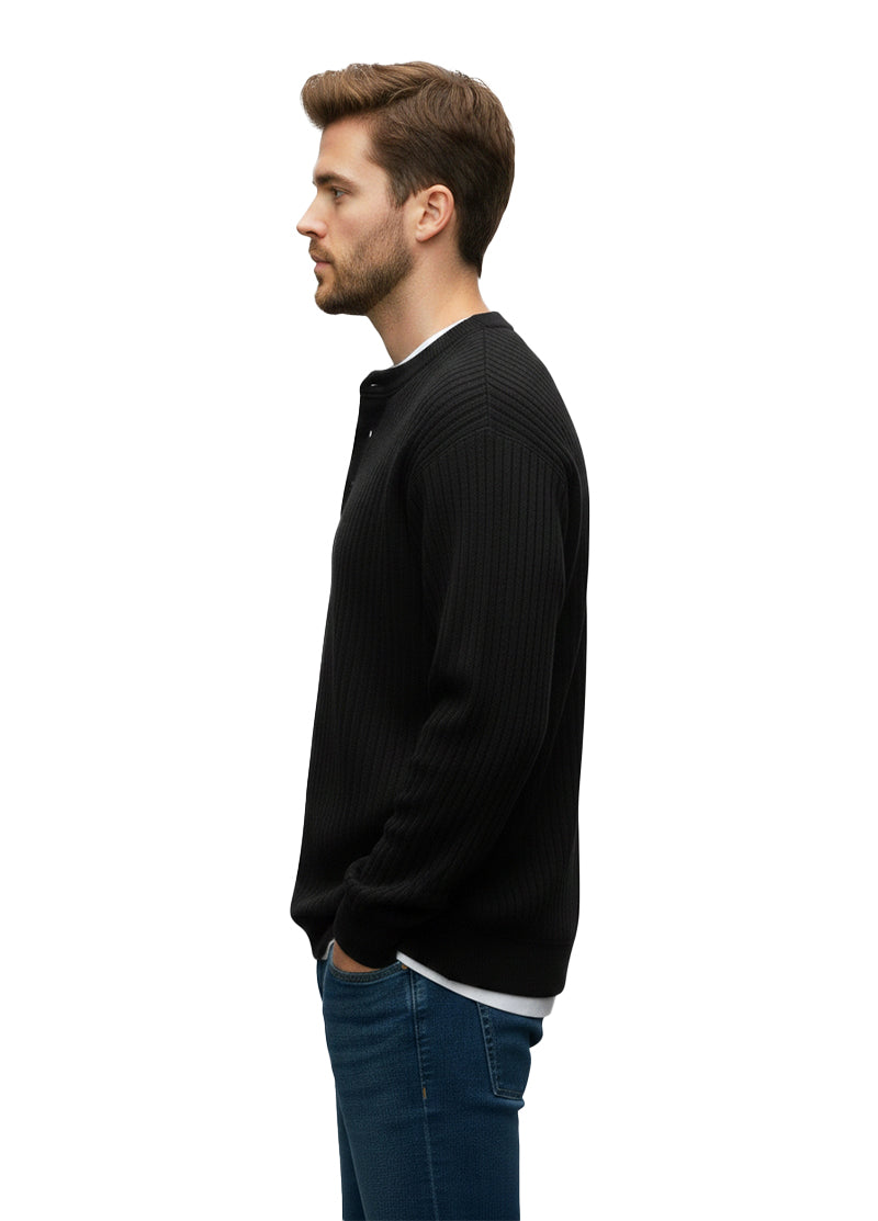 Black Henley Ribbed Sweat Shirt